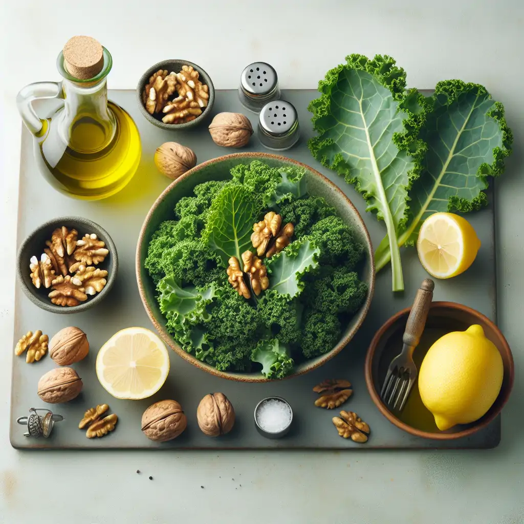 Ingredients for vegan kale and walnut pesto artfully arranged: kale leaves, walnuts, lemon, olive oil, salt, and pepper.