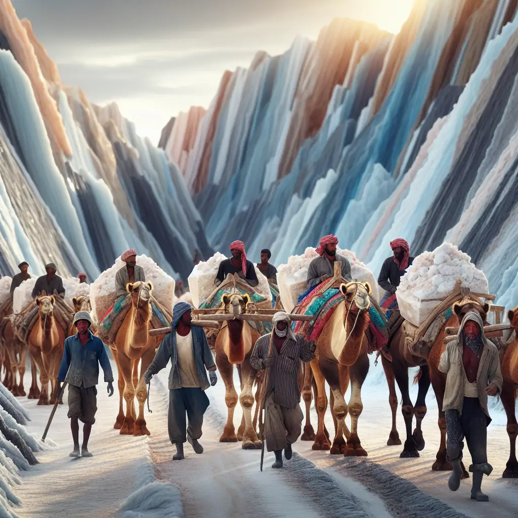 An image showing a line of camels carrying huge slabs of salt, led by local miners who are laughing and talking amongst themselves, demonstrating the camaraderie of the mine