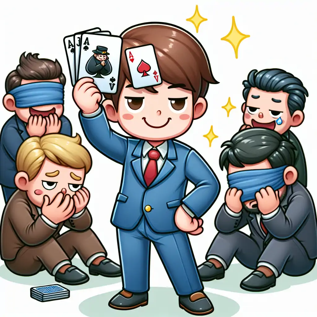 Victorious player confidently showing a Coup card with a cunning smile, surrounded by fallen challengers.