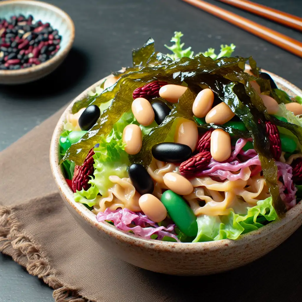 Close-up of a beautifully arranged seaweed and bean salad, showcasing its vibrant colors and textures.