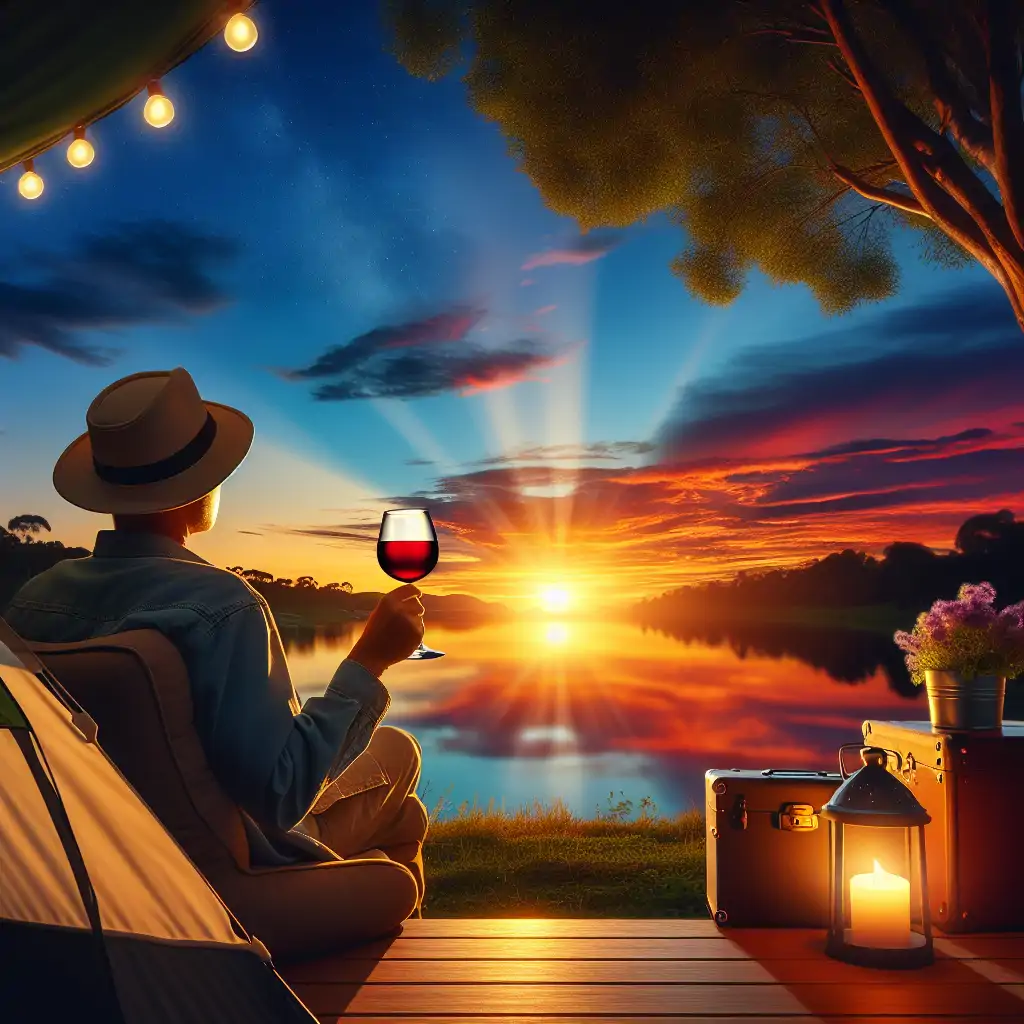 A camper enjoying a sunset view with a glass of wine in hand, embodying serene opulence.