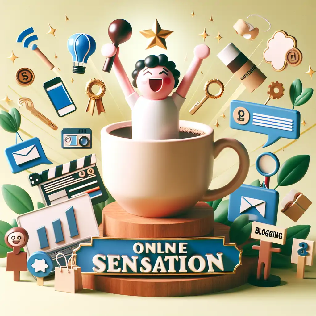 A celebratory scene with a blogger triumphantly raising a coffee mug, surrounded by blog icons.