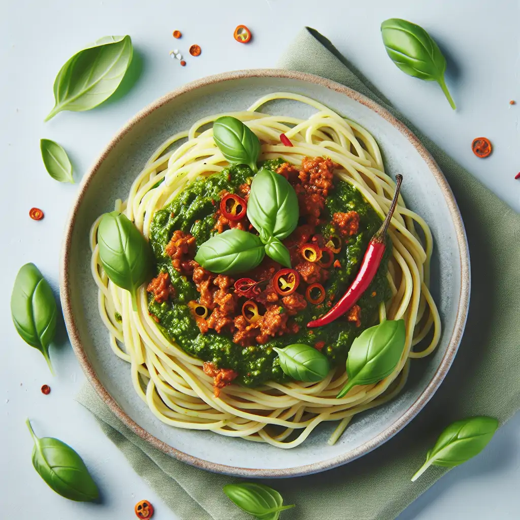 A dish of spaghetti Bolognese twirled with pesto and chili flakes, garnished with fresh basil.