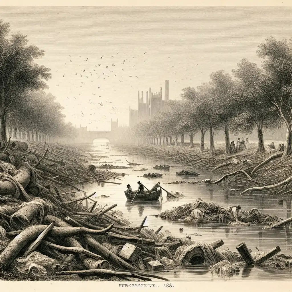 The River Thames in 1858, teeming with pollutants and debris.