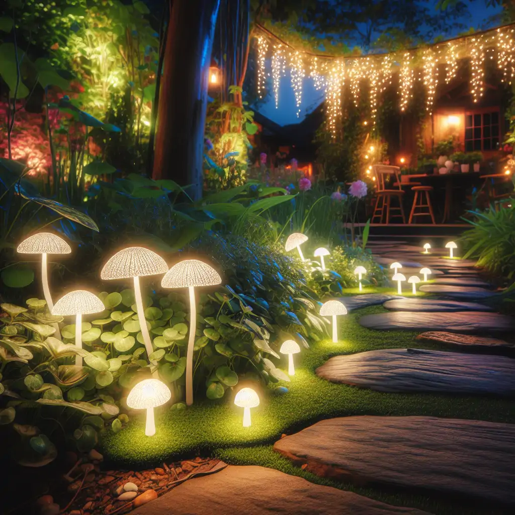 A garden path at night, subtly illuminated by glowing fungi.