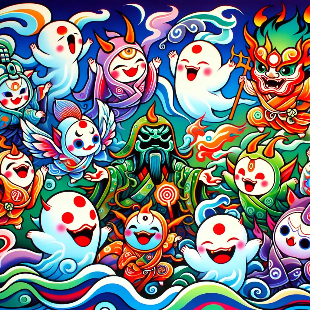 An artistic depiction of various kami in a humorous and lively interaction.