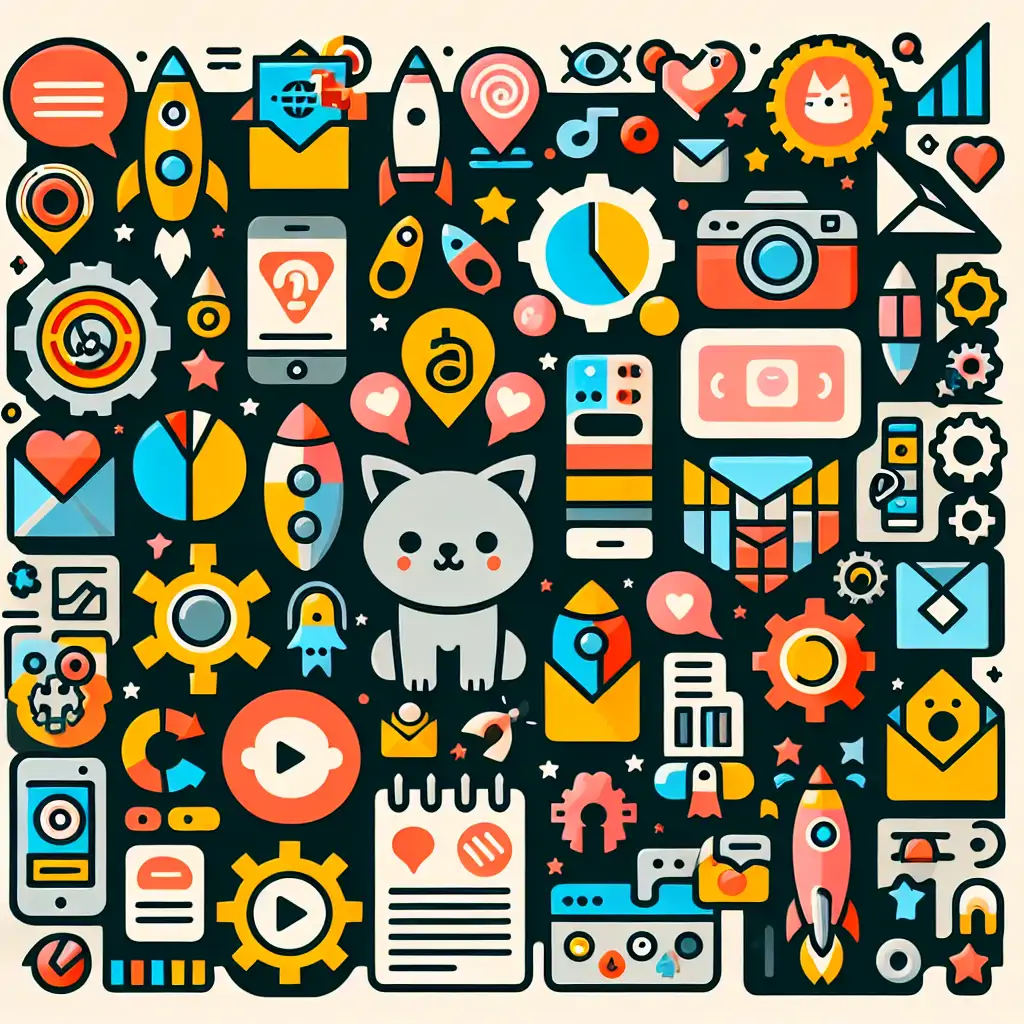 A digital collage showcasing vibrant icons symbolizing blogging tools and features such as optimization, analytics, and engagement.