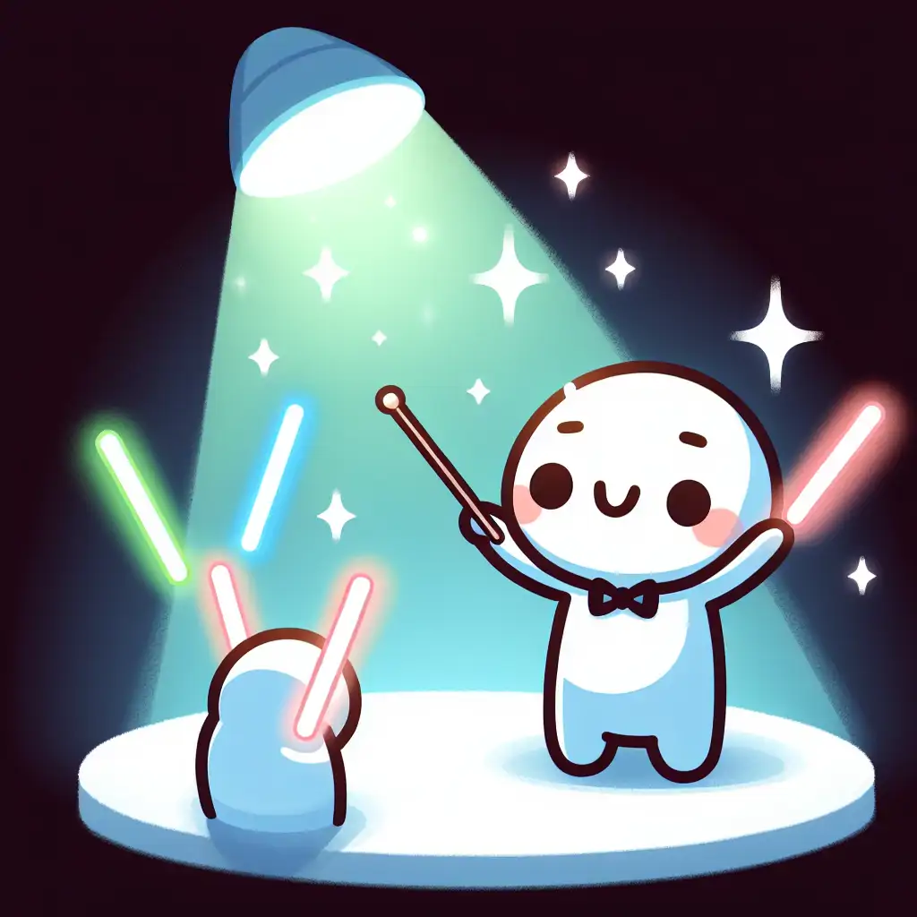 An animated portrait of Melvin conducting a symphony with glow sticks under a spotlight.