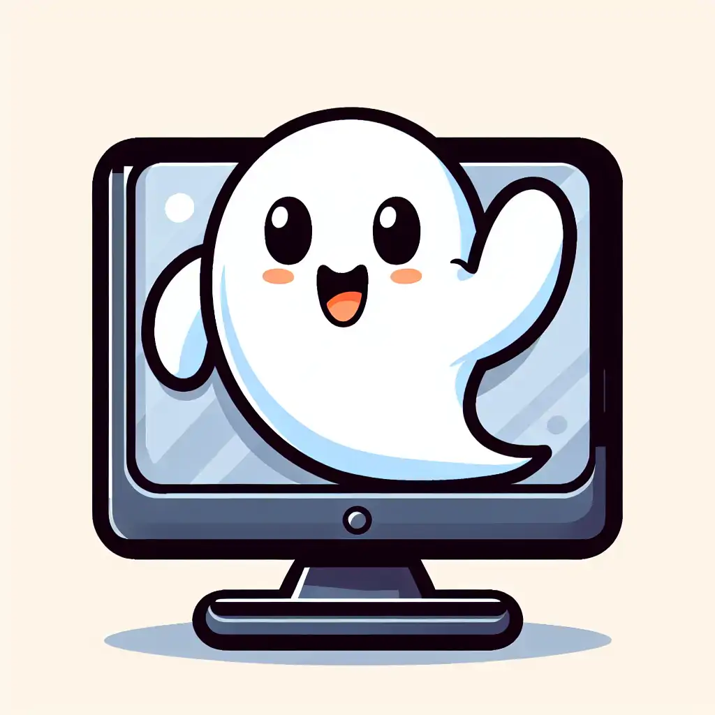 A cartoon illustration of a friendly ghost waving from the inside of a computer.