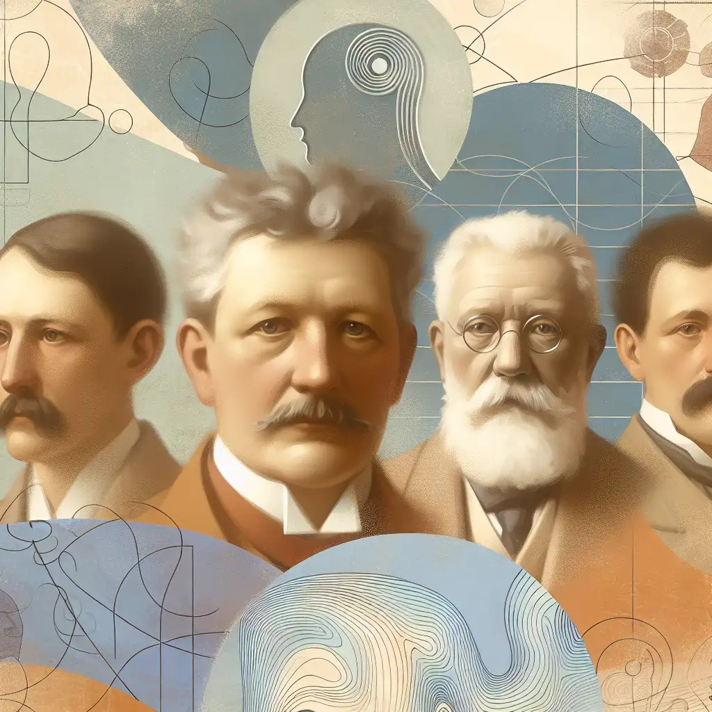 An image showing portraits of Freud, Jung, Rogers, and Beck with a backdrop of historical psychotherapy practices