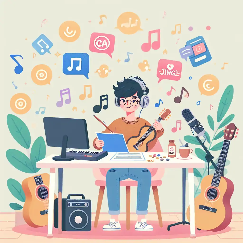 An image showing a musician composing a jingle, surrounded by brand logos and musical notes.