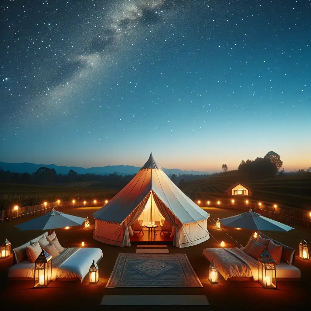 A luxurious glamping tent set under a stunning star-filled sky.