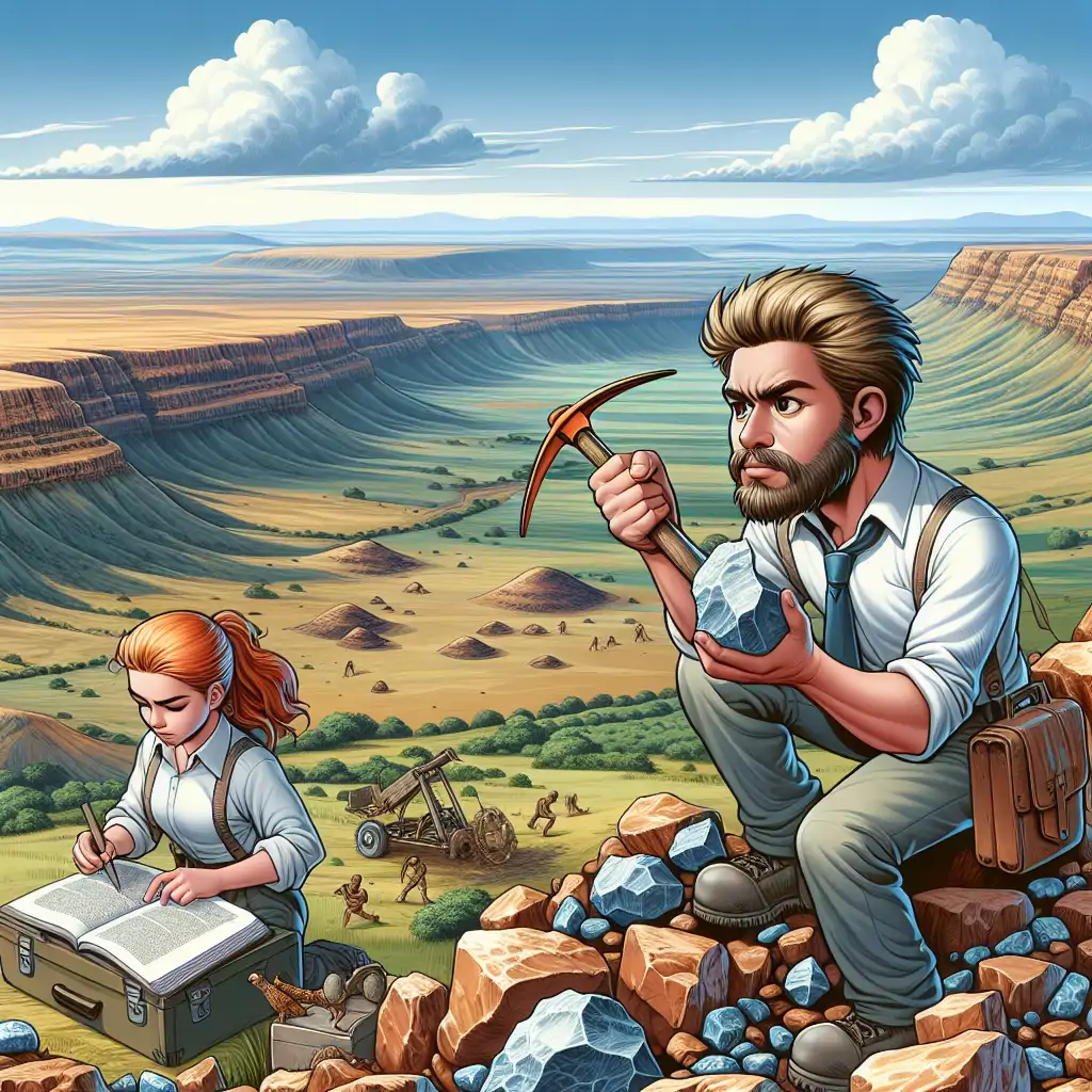 A vibrant image of the Cradle of Humankind landscape, featuring rolling hills and rock formations with an overlaid humorous cartoon of a geologist with a pickaxe.