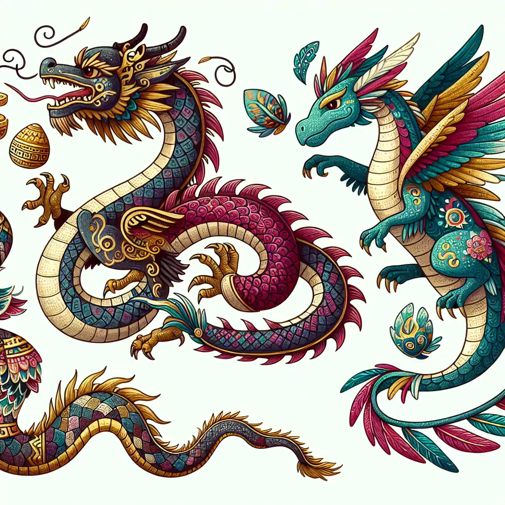 A collage depicting dragons from various cultures: a Chinese dragon, a European dragon guarding gold, and a Mesoamerican feathered serpent.