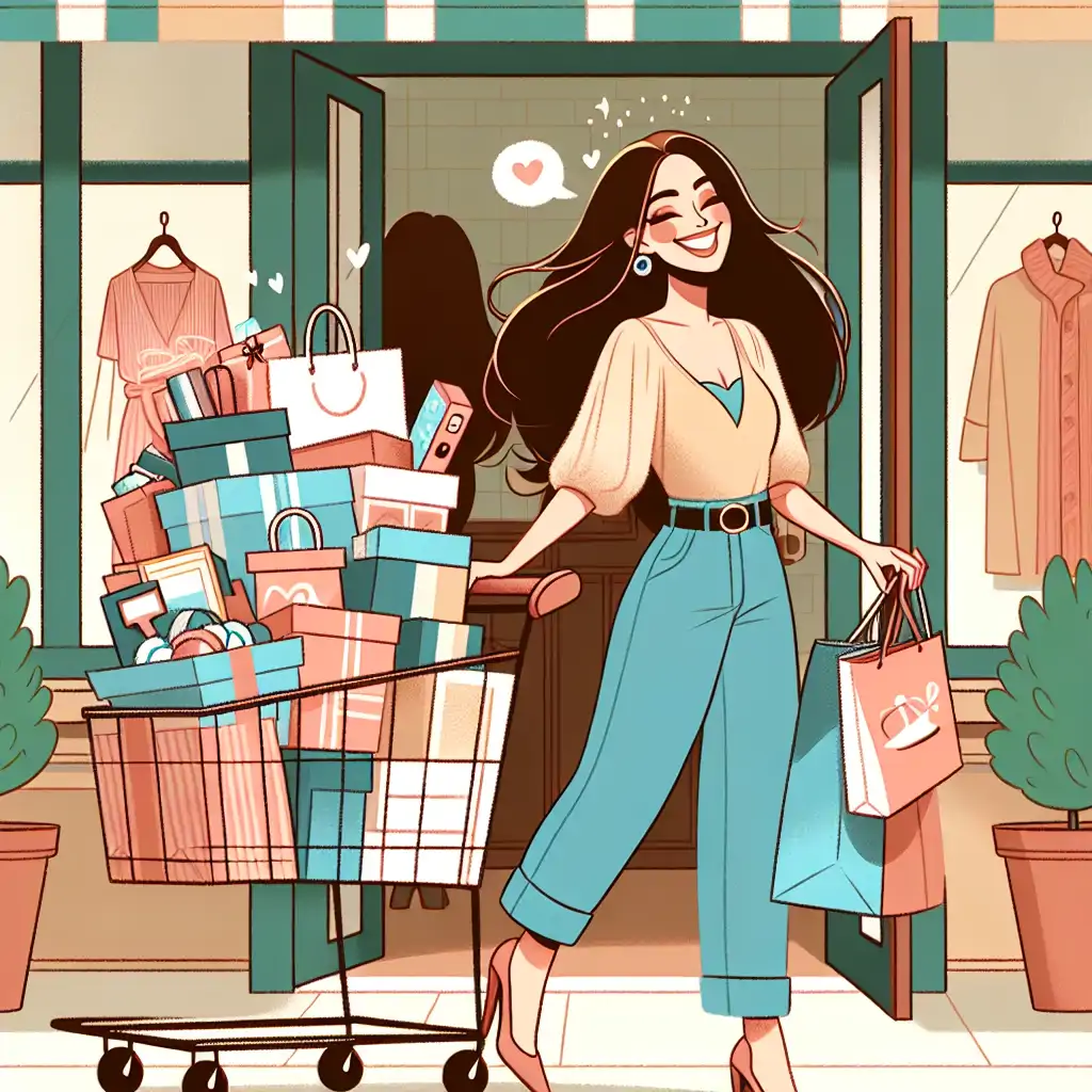 A happy shopper exiting the store with a full cart, smiling and carrying their well-earned purchases.