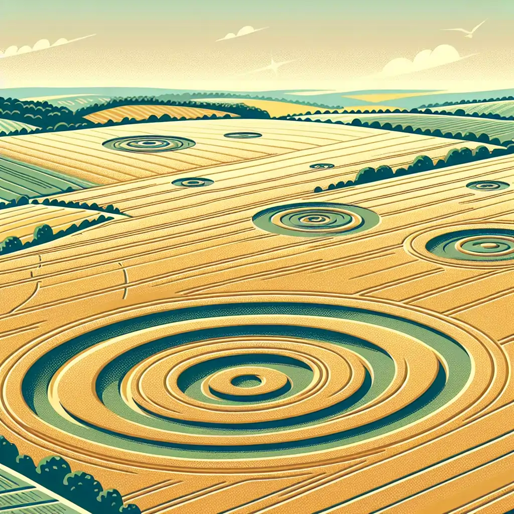 A distant shot of an expansive field dotted with several crop circles, uniting the pastoral with the mysterious.