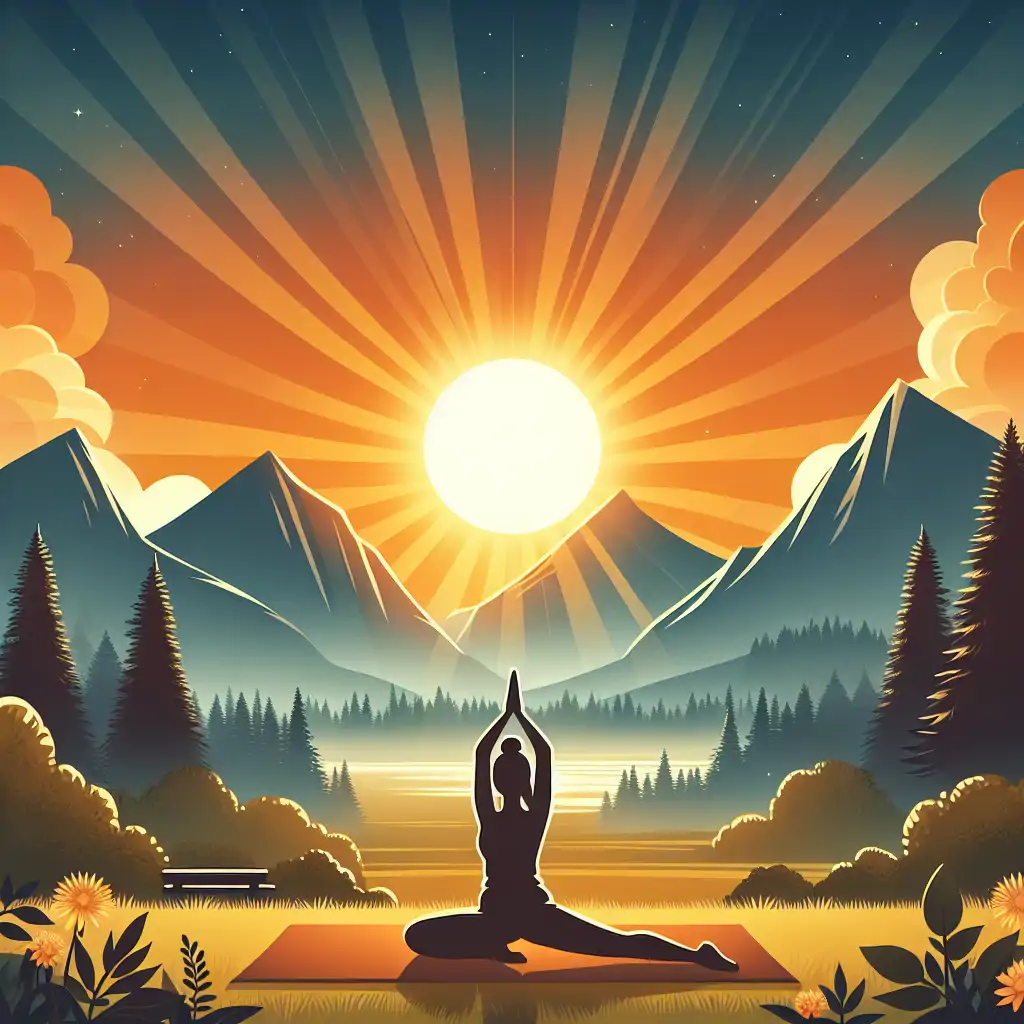 An inspiring view of yoga practice with a sunrise backdrop.