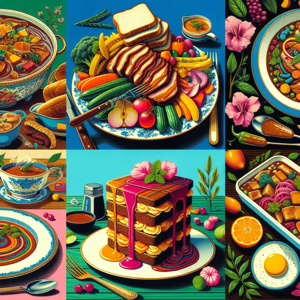 A collage of modern takes on 70s gravy recipes, showcasing vibrant and colorful dishes.