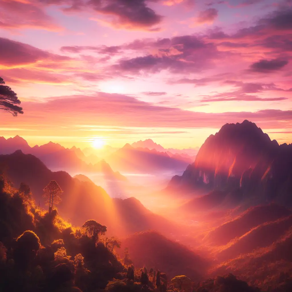 A breathtaking scene of a sunrise over a mountainous landscape, capturing the serenity and promise of a new day.