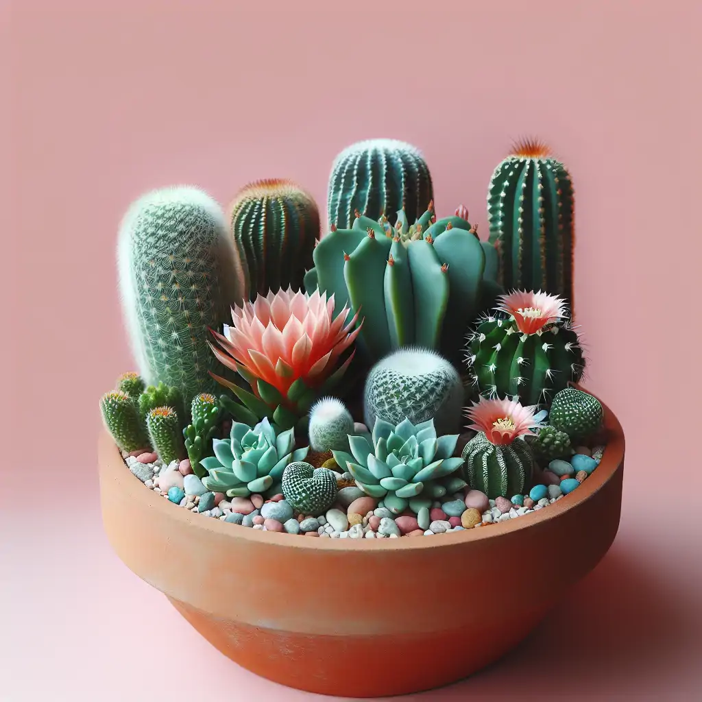 A vibrant garden showcasing a variety of rare cacti and succulents, beautifully arranged to form a living art piece.