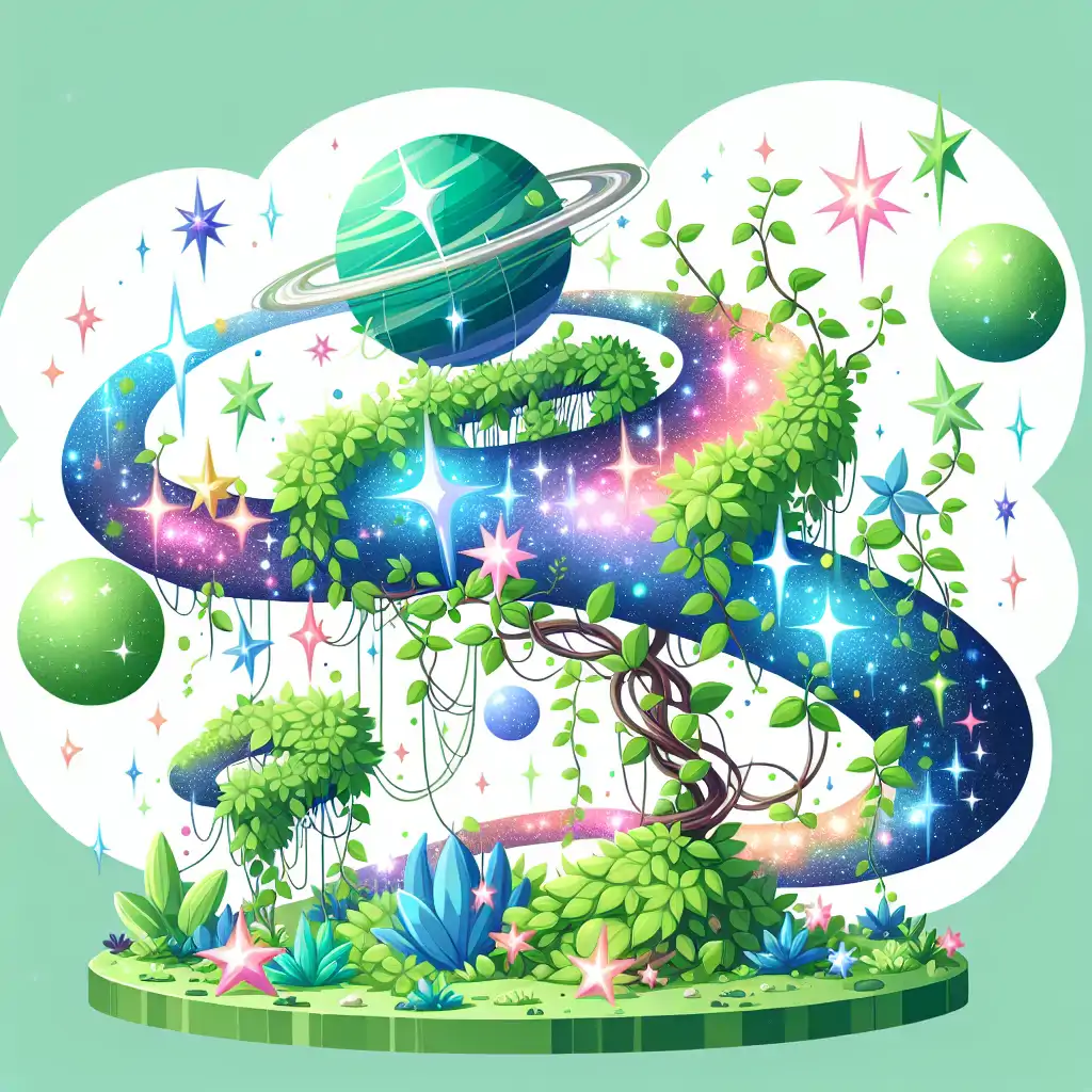 A whimsical depiction of an Earth garden extending into space, with plants intertwining with stars and galaxies.