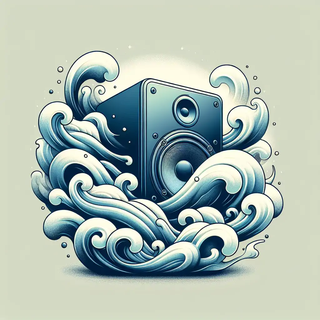 An illustration of a modern speaker surrounded by ethereal, ghostly waves.