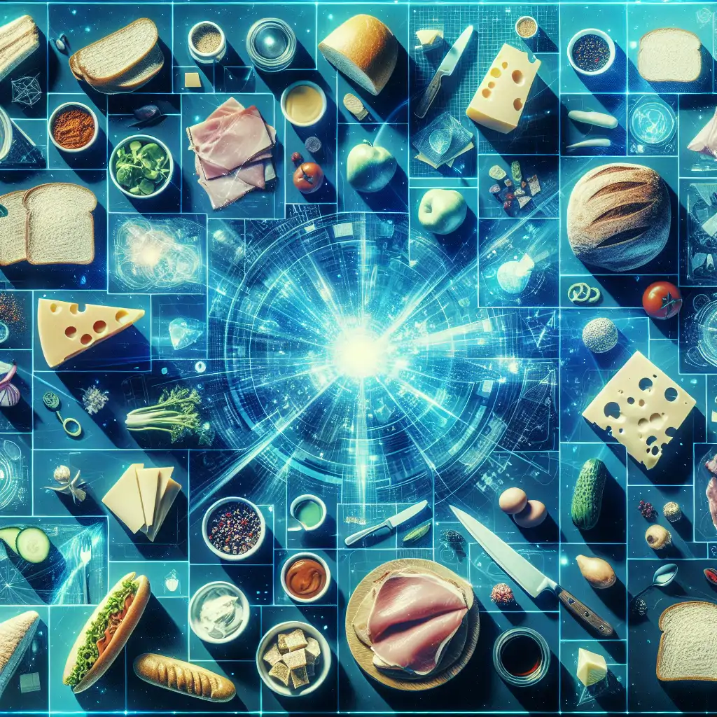 A collage showing different sandwich ingredients in a scattered yet artistic manner; various types of bread, meats, cheeses, vegetables, and condiments, depicting the diversity of choices involved.