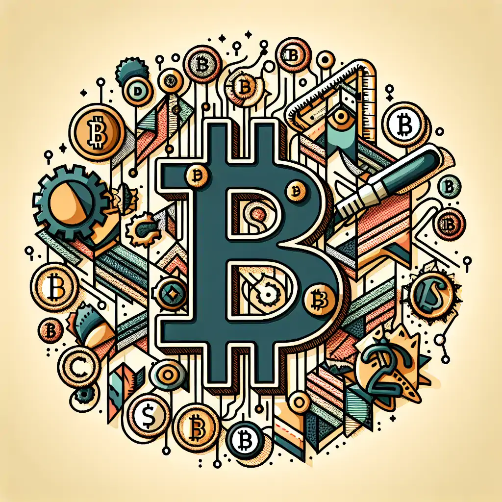 A creative mashup of digital currencies and fashion elements, like Bitcoin logos layered with fabric swatches