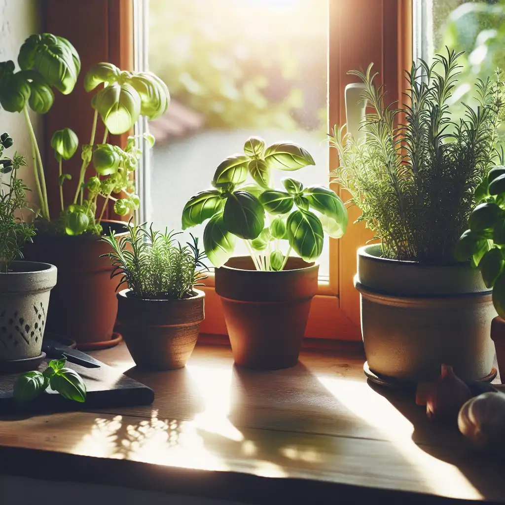 A cozy kitchen windowsill adorned with various herb pots basking in sunlight.