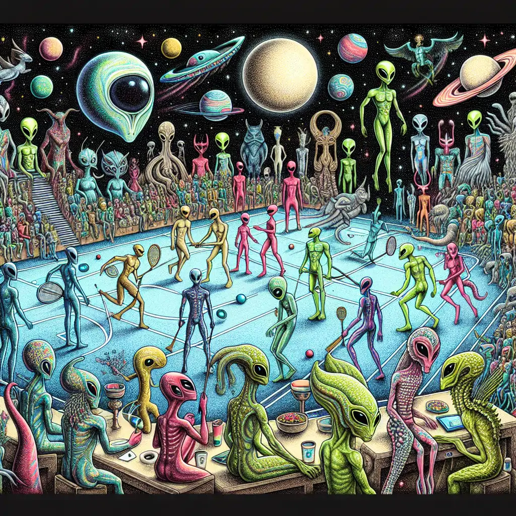 An imaginative illustration of various alien species engaged in a multi-discipline cosmic sports event.