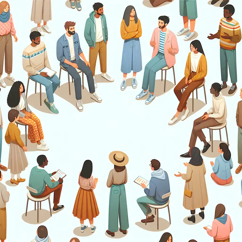 A diverse community gathered together, engaging in discussions and activities, emphasizing inclusivity and teamwork.