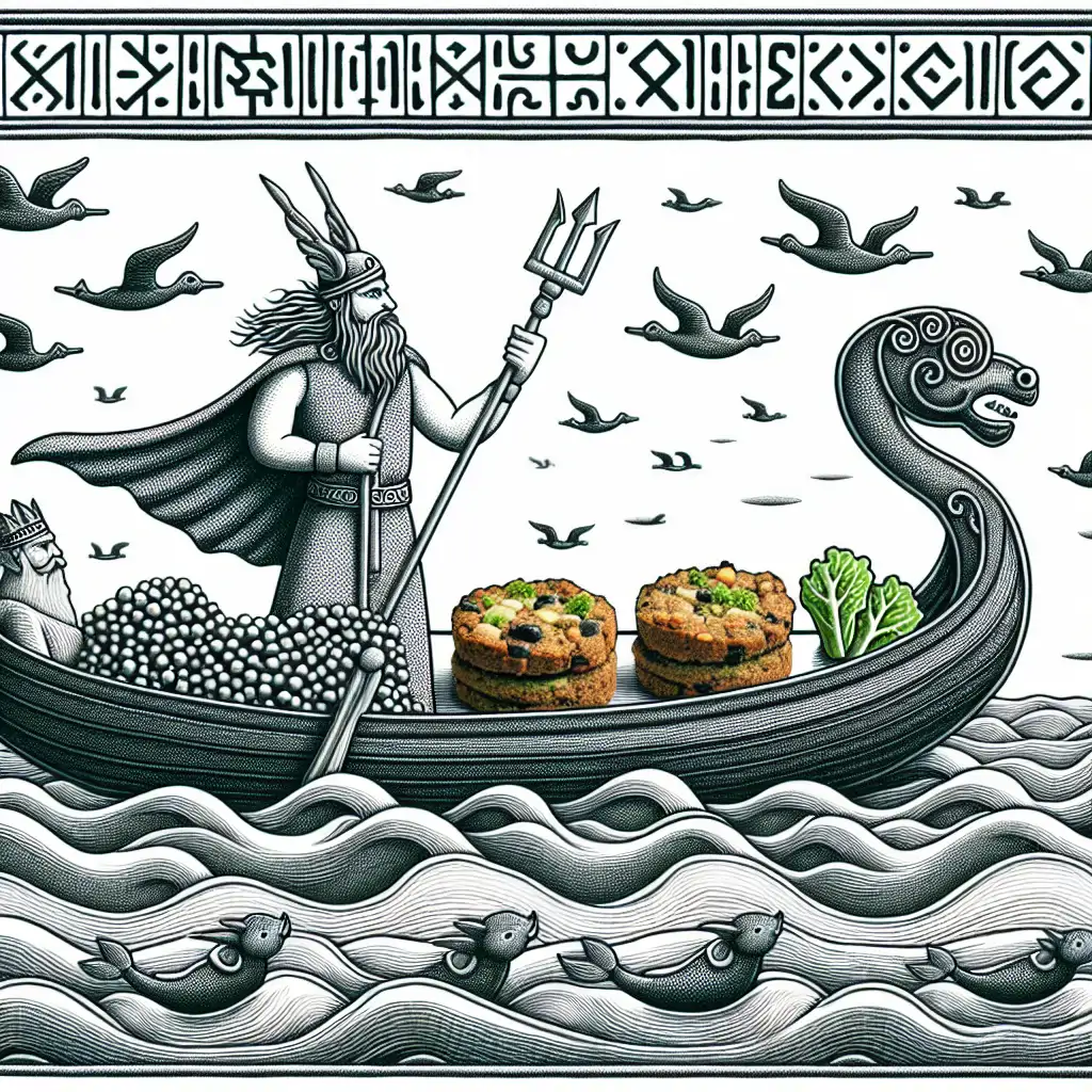 A whimsical illustration of Njord guiding a longboat filled with vegan seaweed and chickpea cakes across a calm sea.