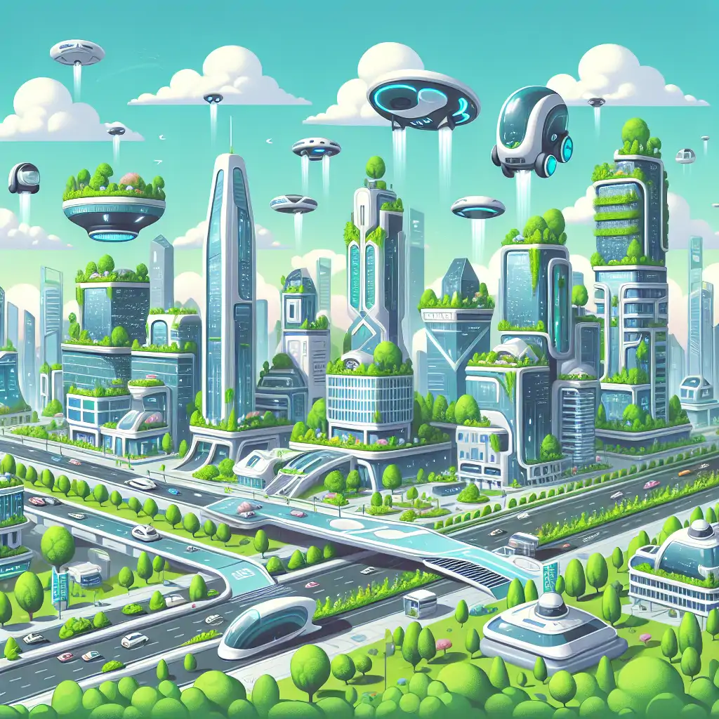 A futuristic skyline featuring anti-gravity vehicles and abundant greenery.