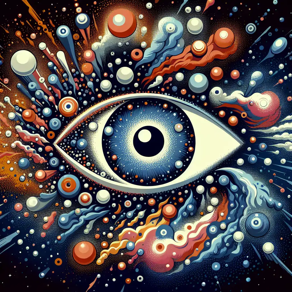 Illustration showing a whimsical interpretation of particles striking various poses, charmed by a cosmic eye.