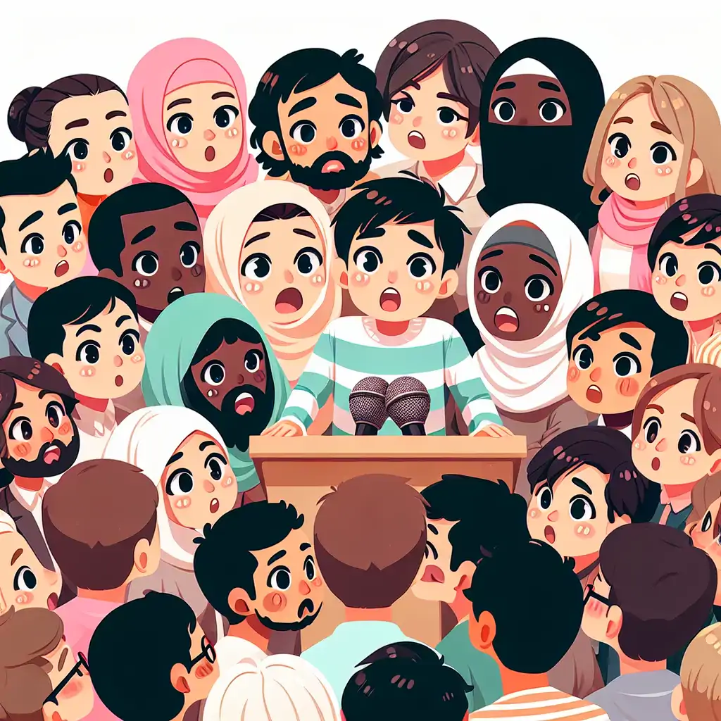 A group of people huddled around a speaker, expressions ranging from fear to fascination.