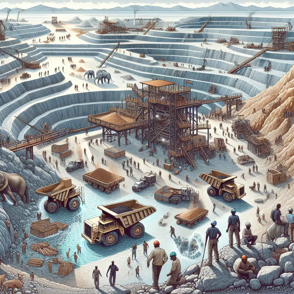 An image depicting an expansive Botswana diamond mine with miners working and a few animals in the background, highlighting the unique intersection of nature and mining.