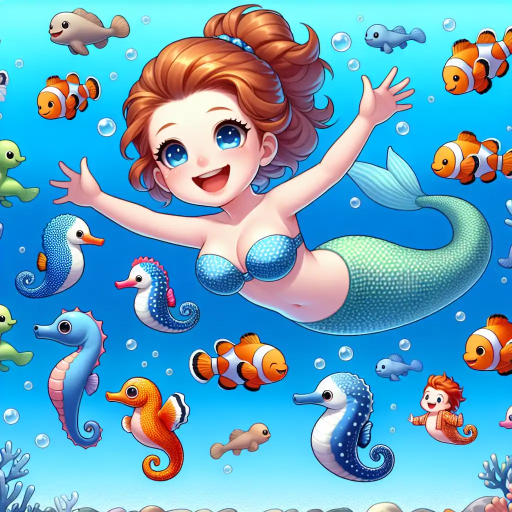 A playful illustration of a mermaid with a cheeky grin, surrounded by bubbles and sea creatures engaged in antics.