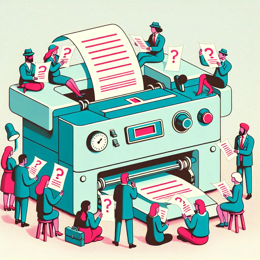 A gathering of curious friends huddled around an aging printer as it prints out mysterious documents.