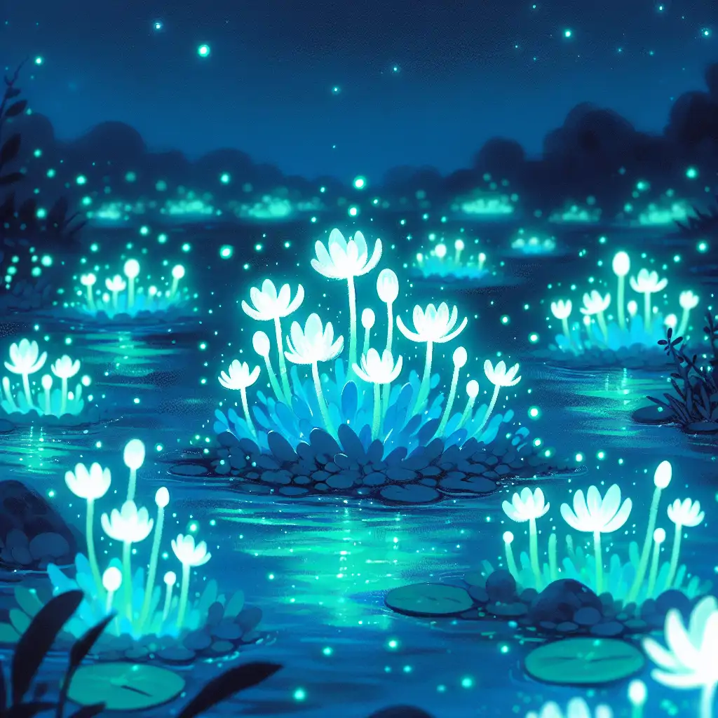 Bioluminescent algae glowing in a body of water.