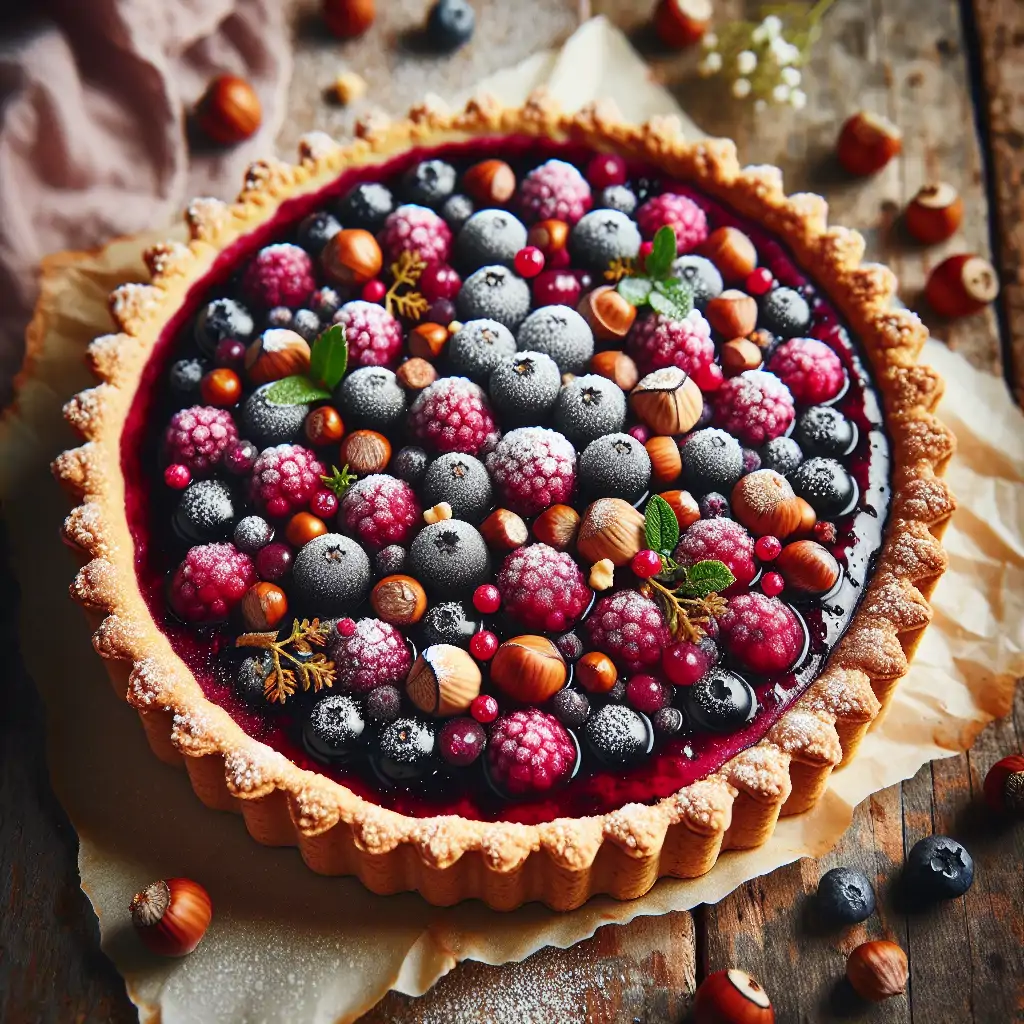 A beautifully arranged Vegan Snowberry and Hazelnut Tart with vibrant berry filling and golden crumb topping.