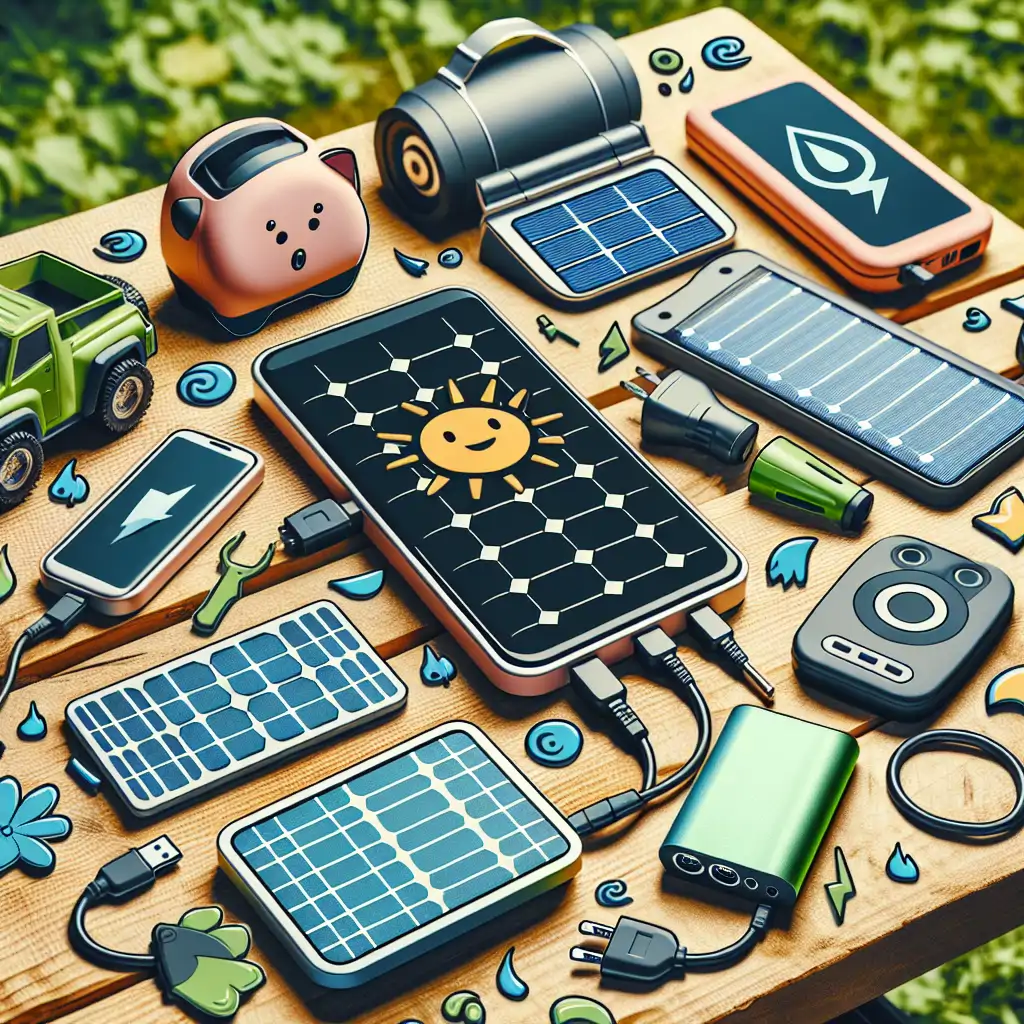 A variety of portable power solutions displayed on a camping table, including solar chargers, power banks, and hydropower devices.