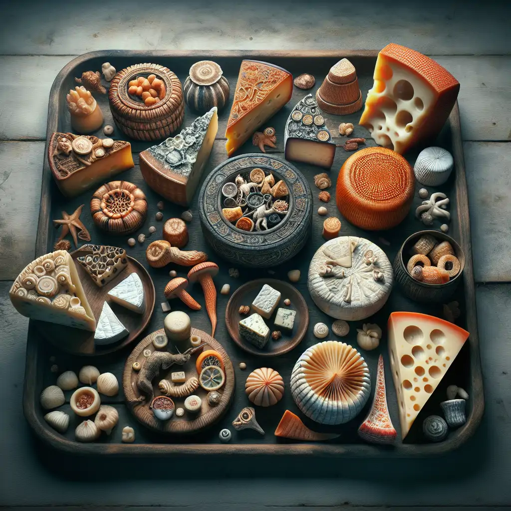 An assortment of various strange and bizarre cheeses from around the world, beautifully arranged on a rustic wooden board.