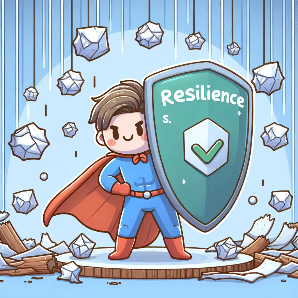 An illustration of a superhero with a shield labeled 'Resilience' protecting themselves from a rain of paper balls.