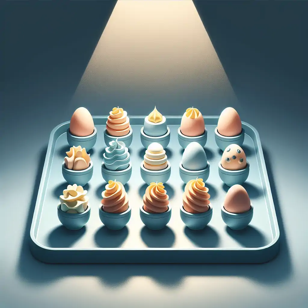 A served tray of modern deviled eggs, spotlighted to emphasize their variety and appeal.