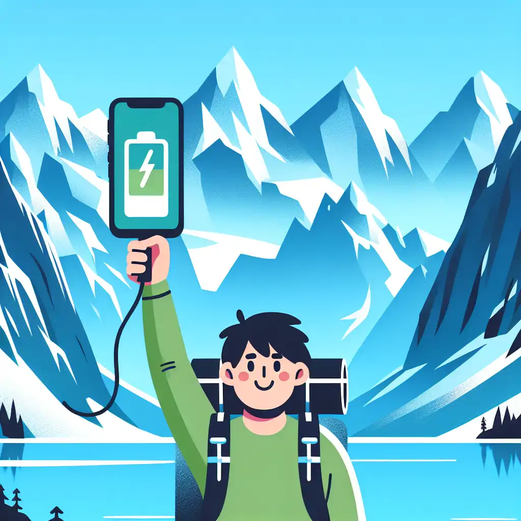 A hiker triumphantly holding a powered-up smartphone with a breathtaking mountain view in the background.