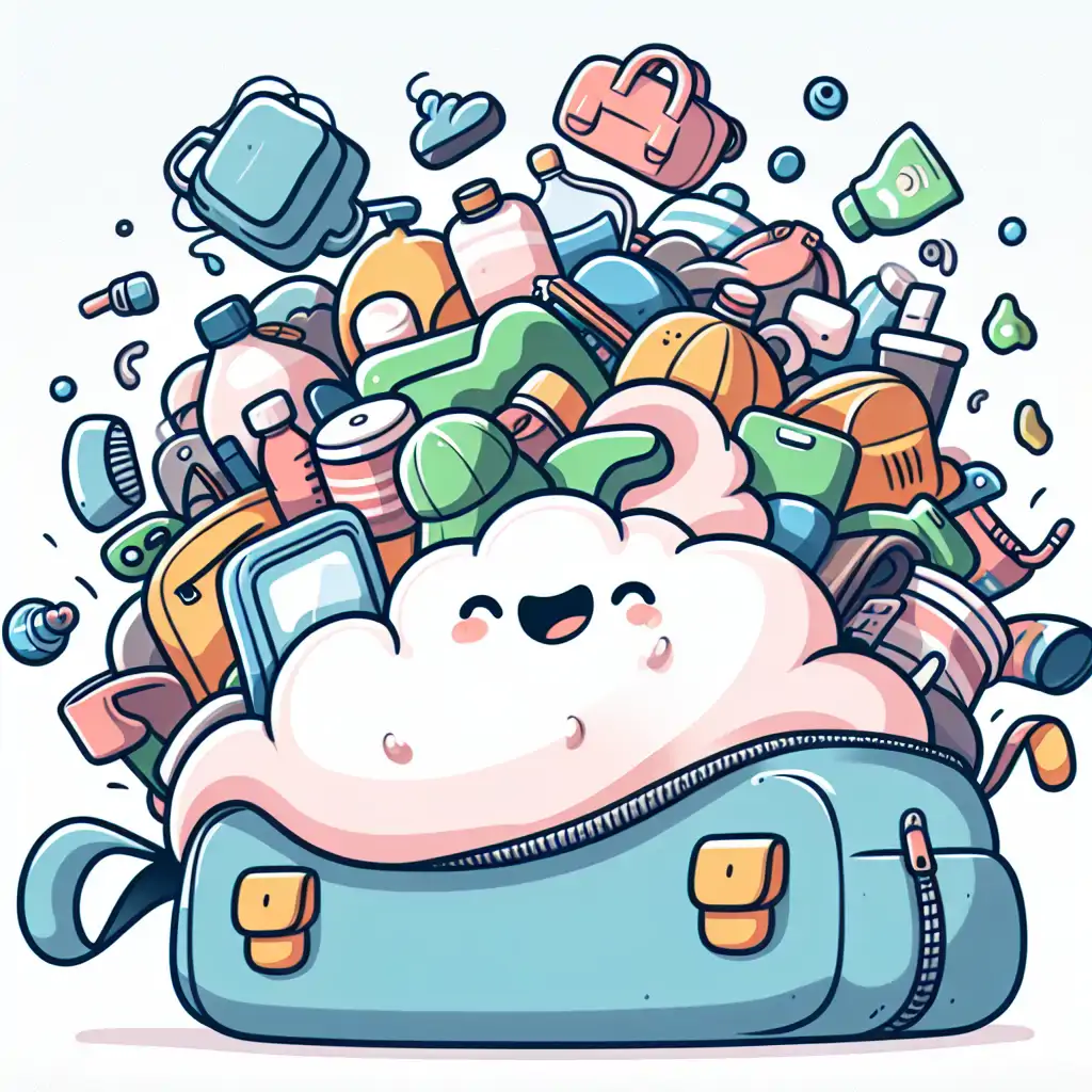 A humorous illustration of an overstuffed backpack with items spilling out, representing overpacking chaos.