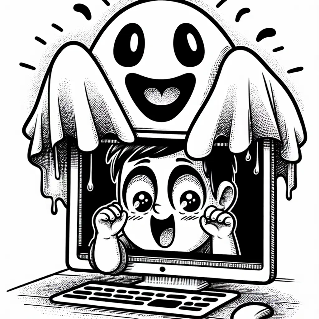 A cartoon depiction of a ghost peeking out of a computer screen with a playfully spooked owner's expression.