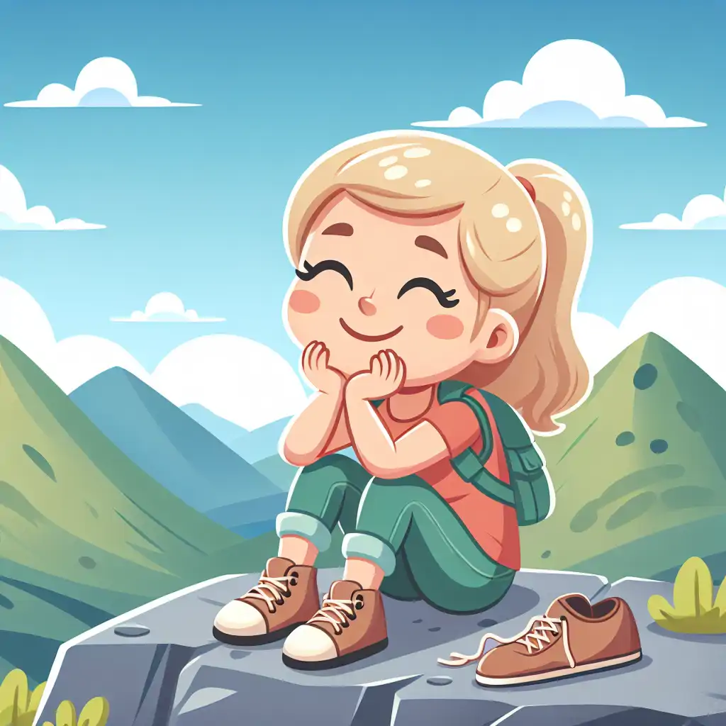 A smiling hiker with their shoes off, enjoying the view from a mountain summit.