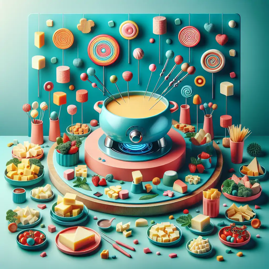 A vibrant, modern fondue table setup with assorted cheeses, dippers, and a bubbling pot of fondue, showcasing the blend of retro charm and modern elegance.