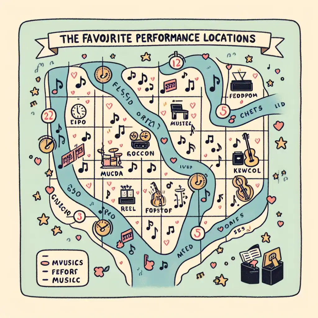 An illustrated map outlining Hattie's favorite performance locations, marked with musical notes.